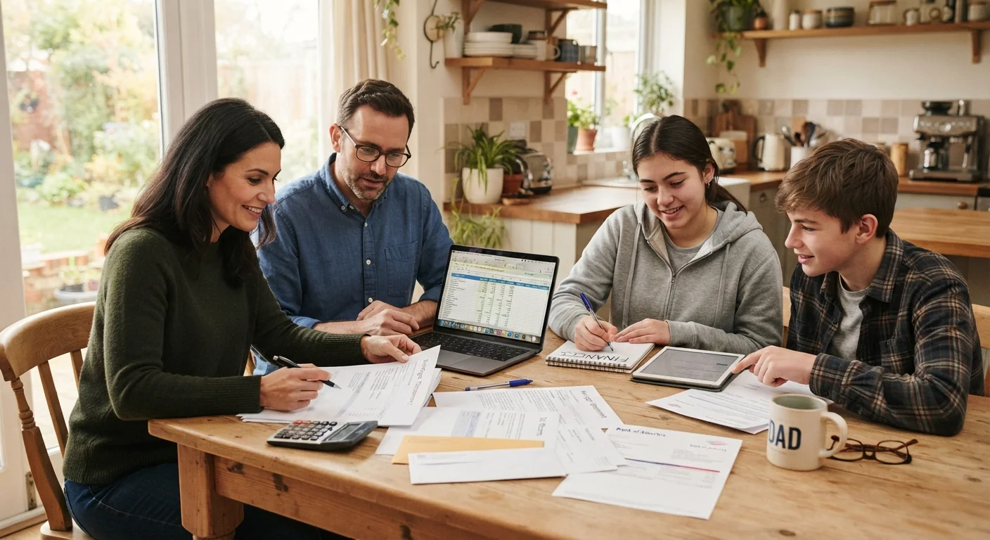 Family reviewing household financial documents together at a kitchen table with a laptop