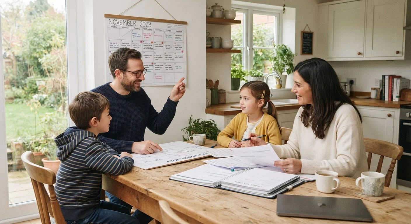 A family reviewing health planning documents and a calendar together at a kitchen table