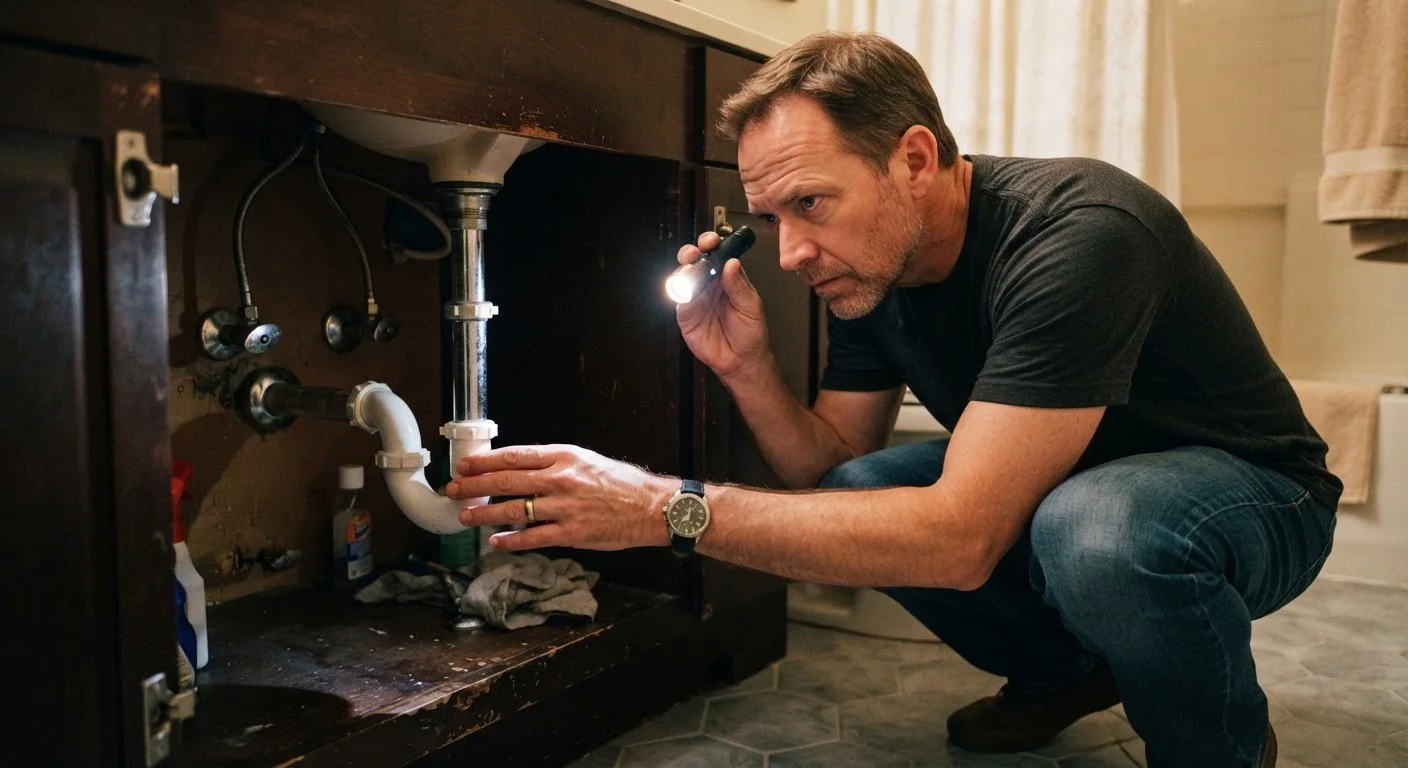 Homeowner inspecting pipes under a bathroom sink with a flashlight during a leak audit