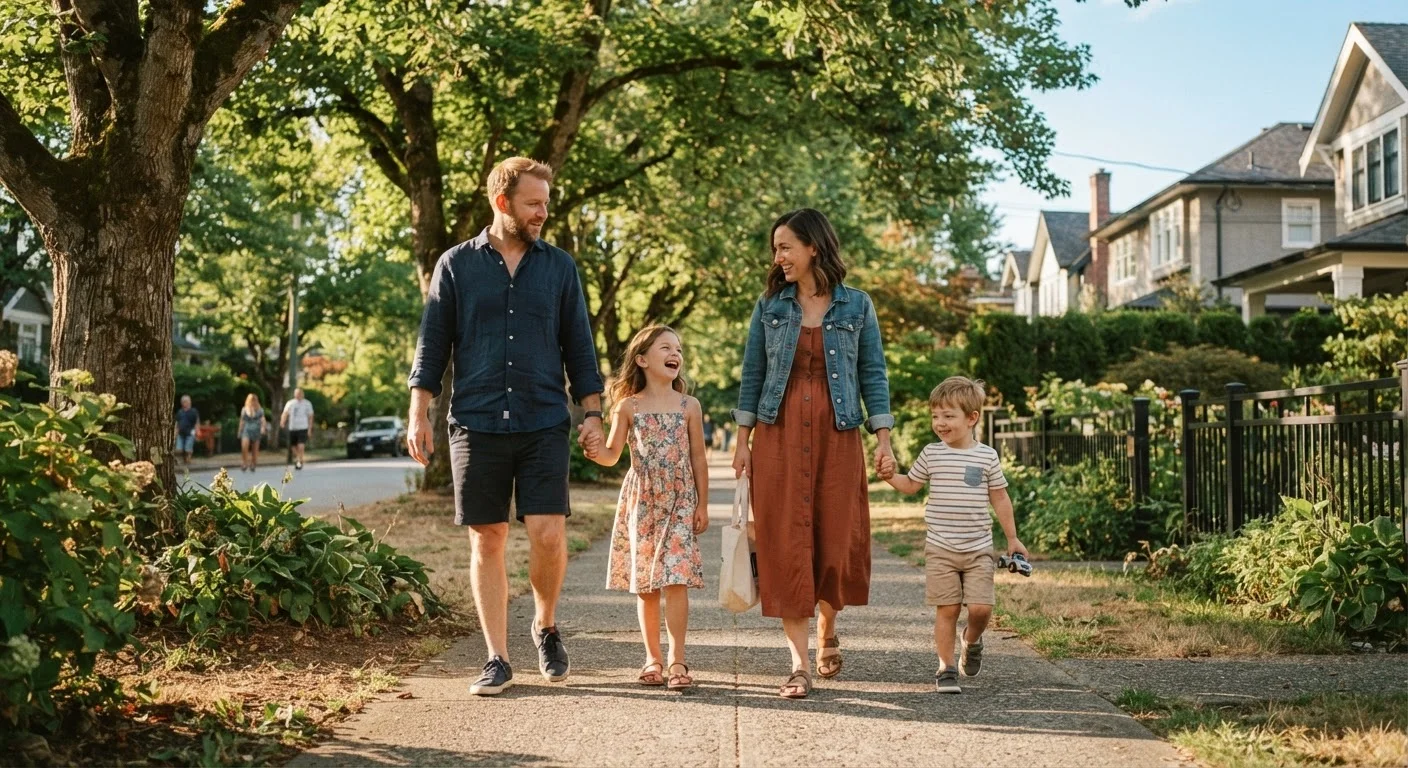 A family of four walking together on a tree-lined neighborhood sidewalk on a sunny day