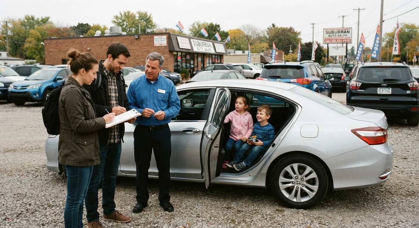 Family with two children reviewing paperwork while shopping for a used car at a dealership lot