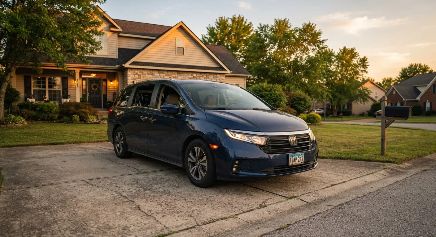 A family minivan parked in a suburban driveway at golden hour, conveying everyday practical transportation
