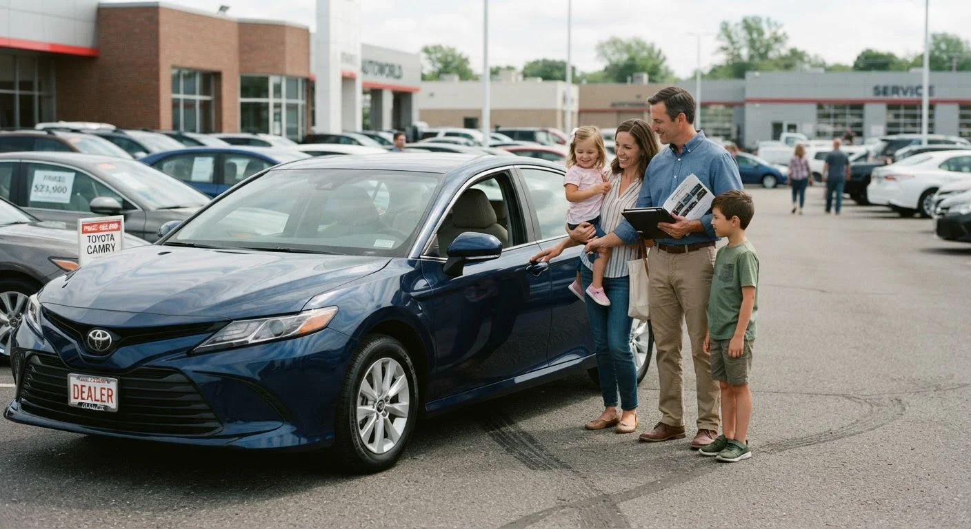 A family with two children examining a used sedan on a dealership lot on a sunny day