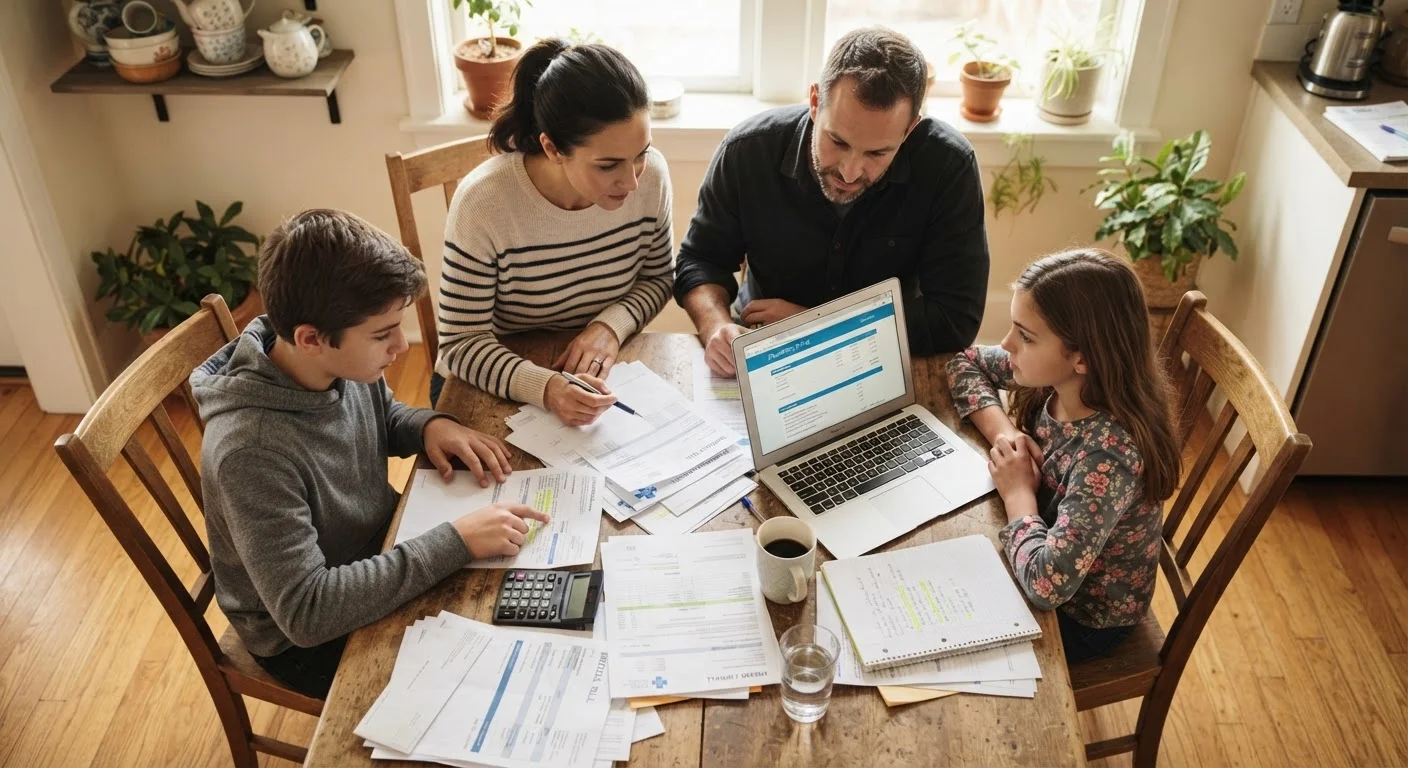 A family reviewing health insurance documents and medical bills at their kitchen table.