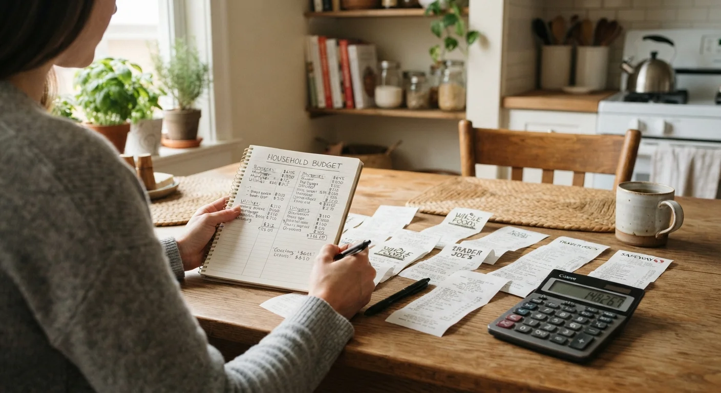 A family kitchen table with a budget notebook, calculator, and household receipts organized neatly