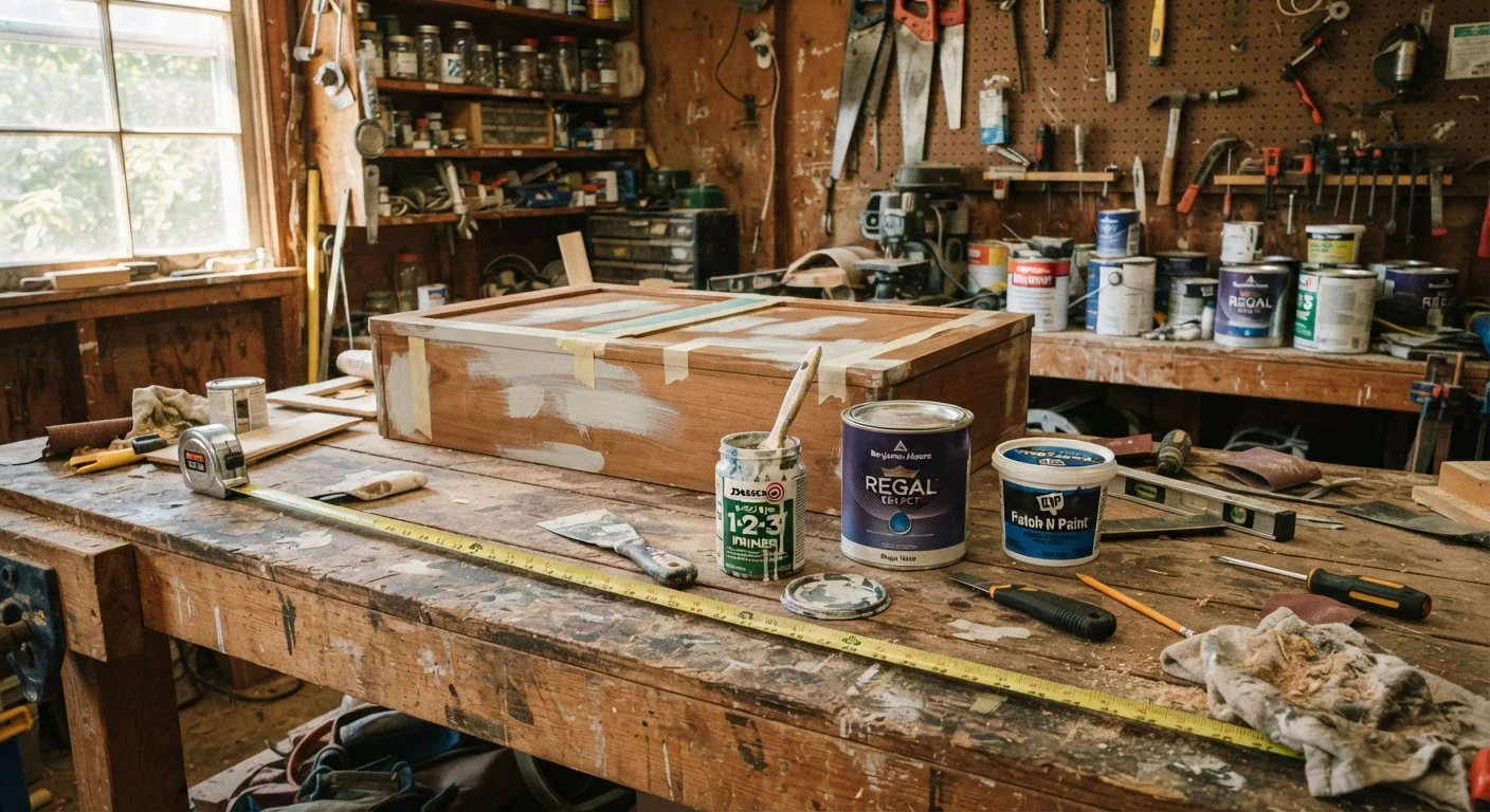 A cluttered home workbench with DIY tools, paint cans, and building materials spread out