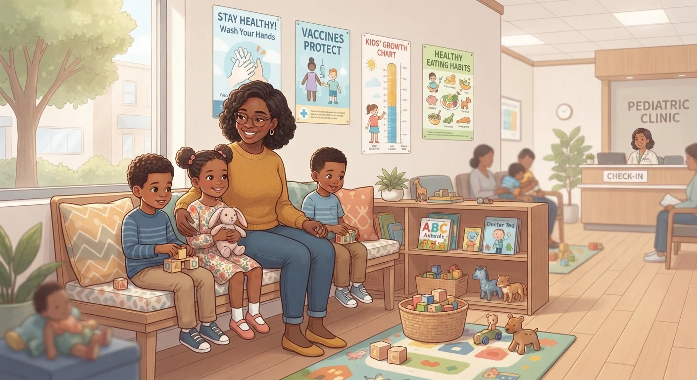 A parent and two children sitting in a pediatric clinic waiting room together.