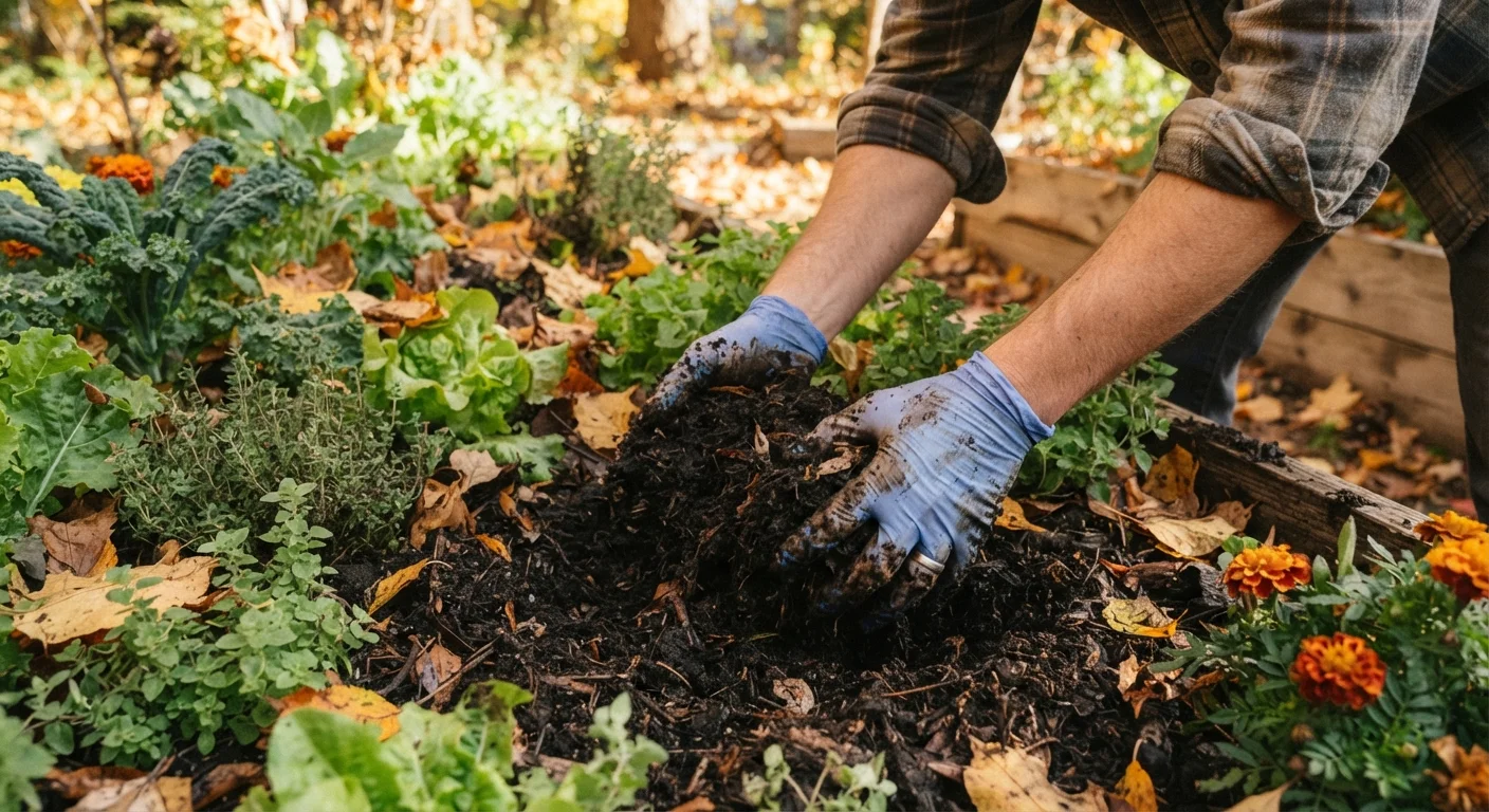 Hands turning dark compost into a raised garden bed surrounded by green plants and leaves