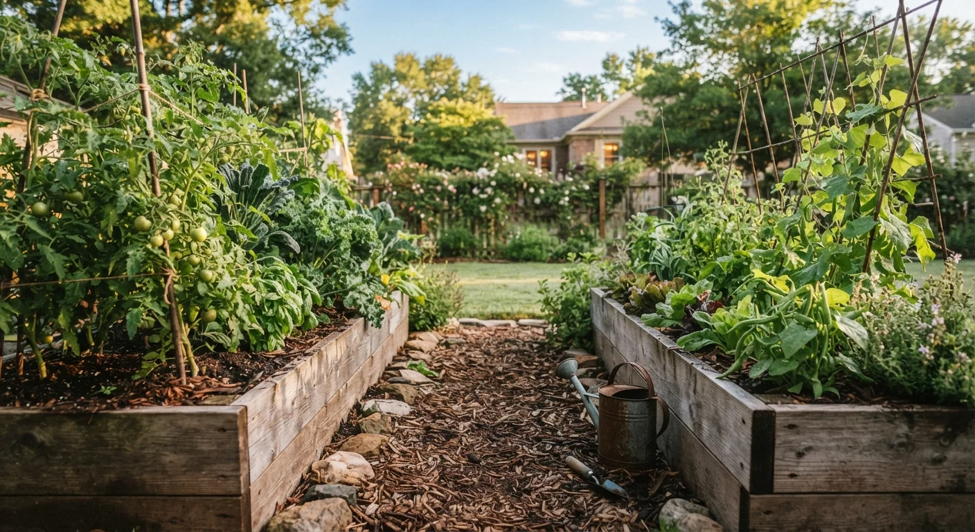 Raised garden beds with healthy green vegetable plants growing in rich, mulched soil