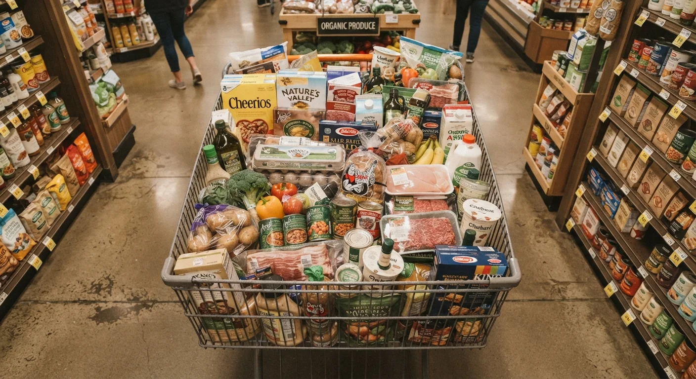 Overhead view of a full grocery cart in a supermarket aisle with various food items
