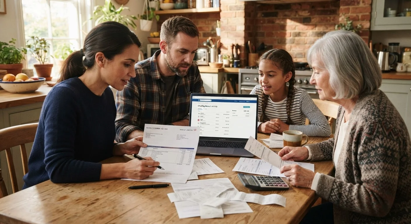 Family reviewing household subscription charges on a laptop at the kitchen table