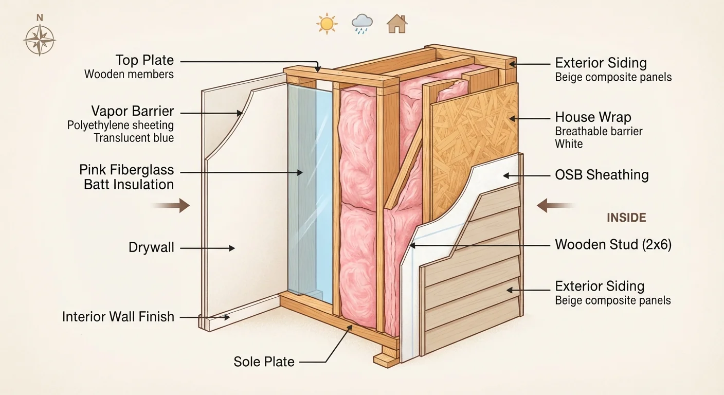 Cross-section of a home wall revealing pink fiberglass insulation batts between wooden wall studs
