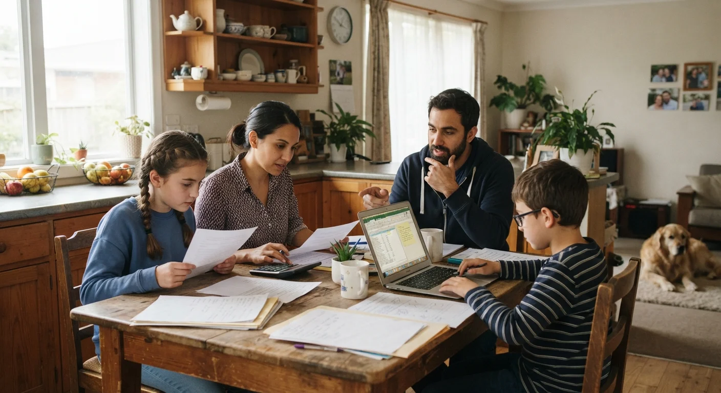 A family reviewing their household budget together at a kitchen table with natural light