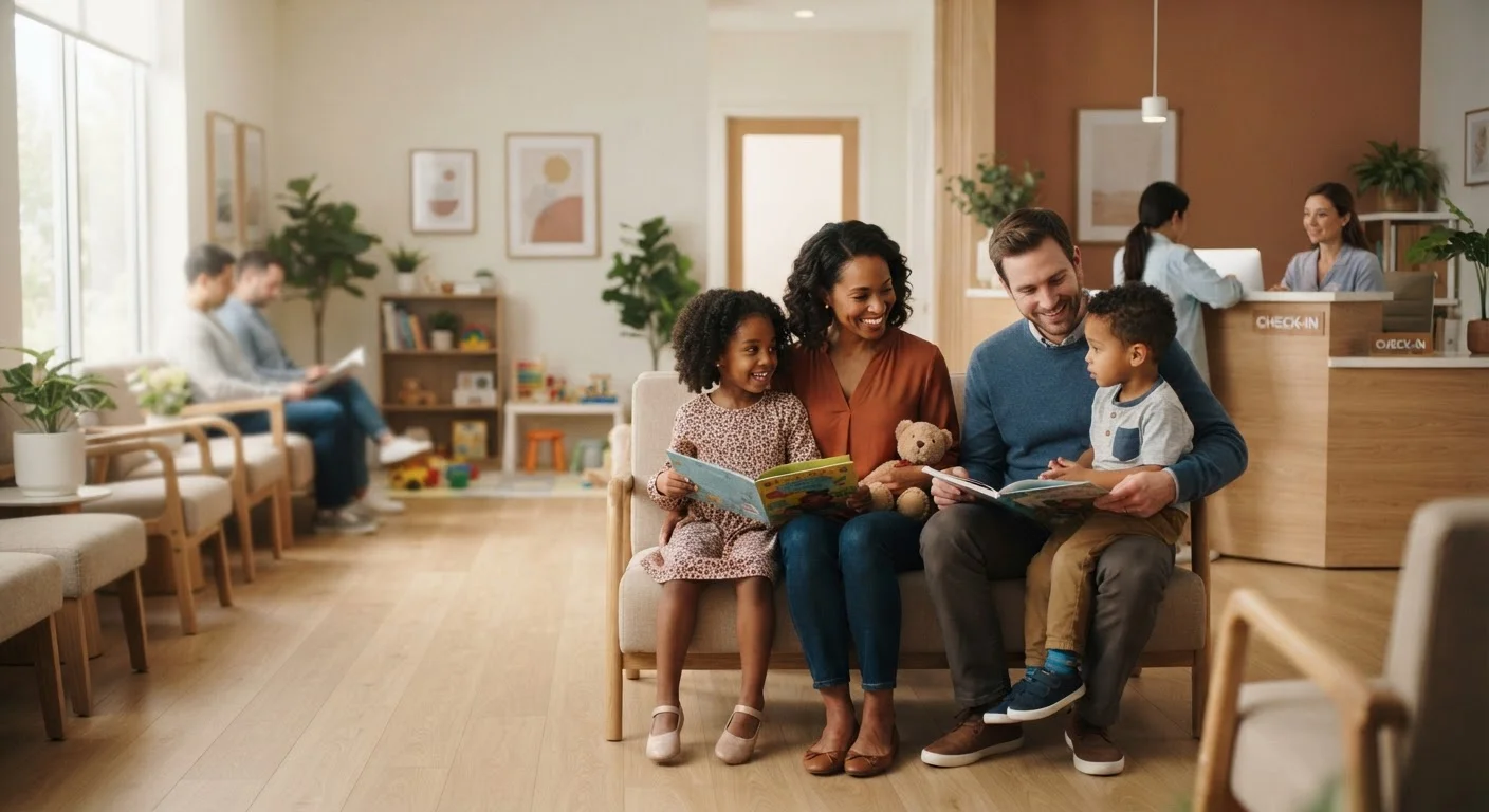 A family of four sitting together in a bright, clean doctor's office waiting room