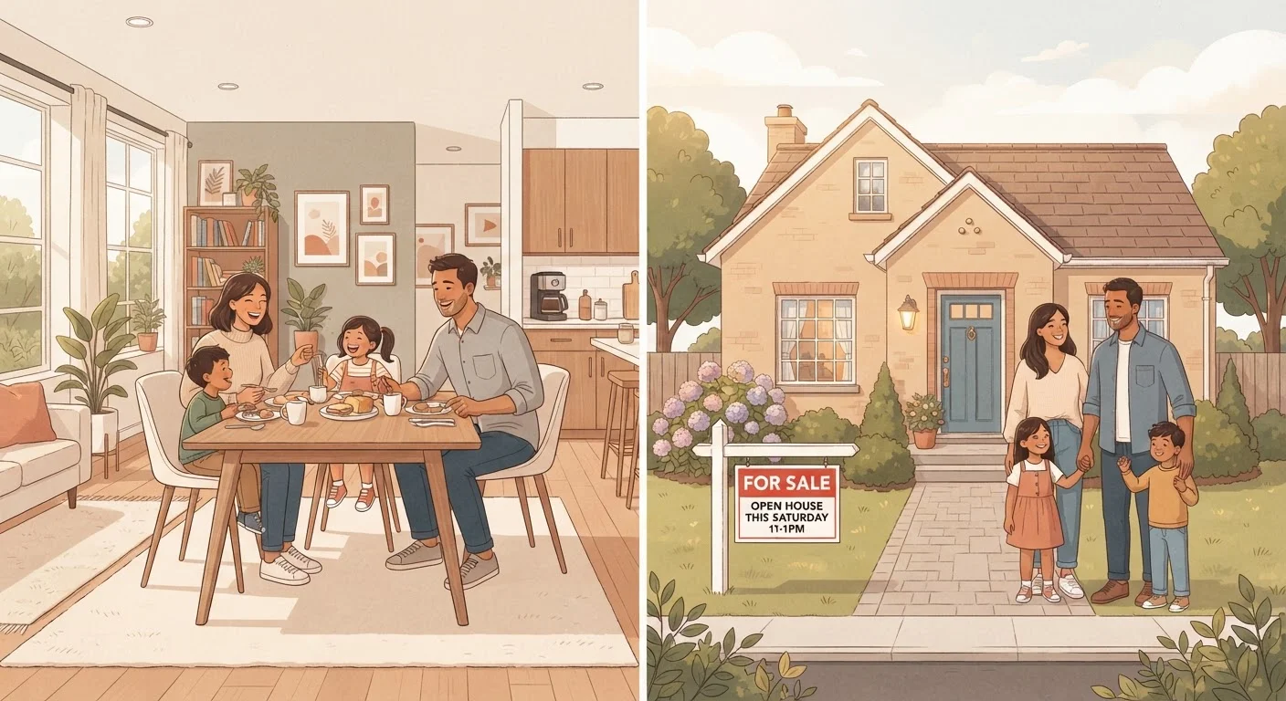 Split illustration showing a family renting an apartment on the left and a family owning a house on the right