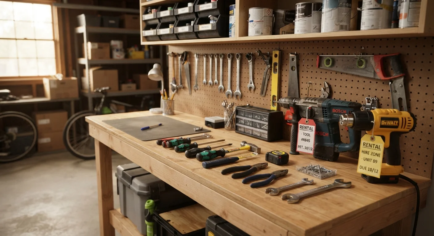 Garage workbench with owned tools alongside rental-tagged equipment in a family home