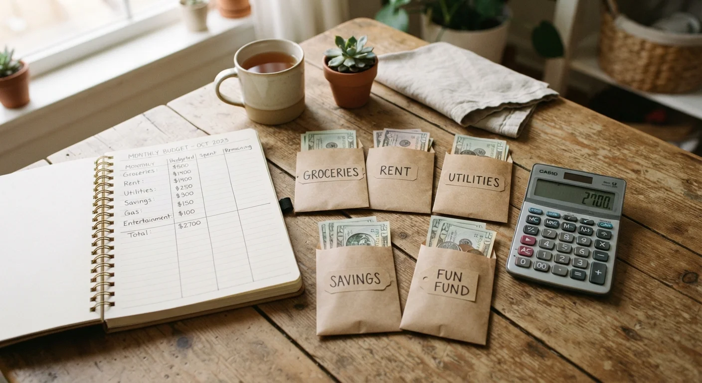 Family kitchen table with labeled savings envelopes, a budget notebook, and a calculator