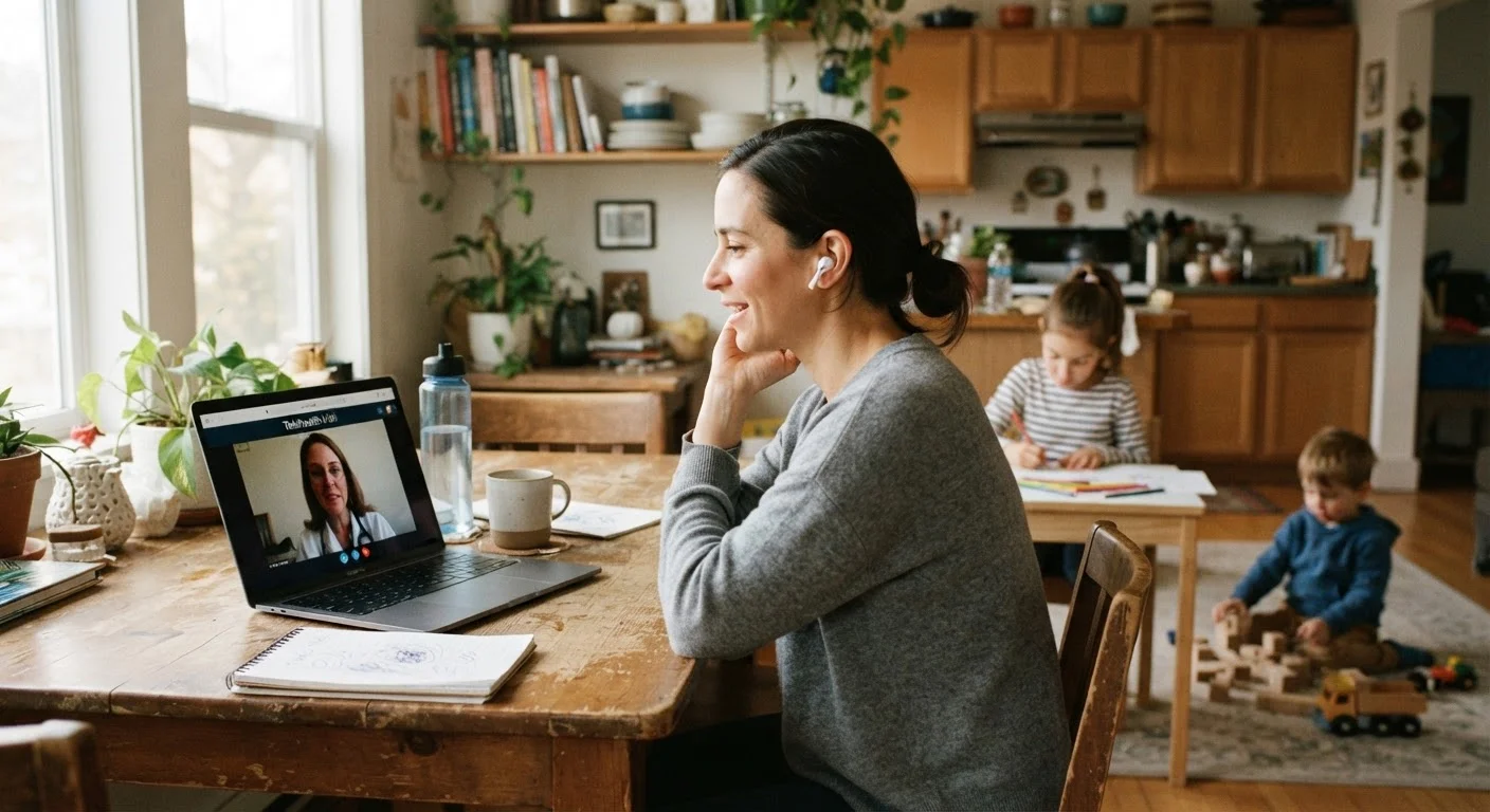 Parent on a telehealth video call with a doctor while children sit nearby at home