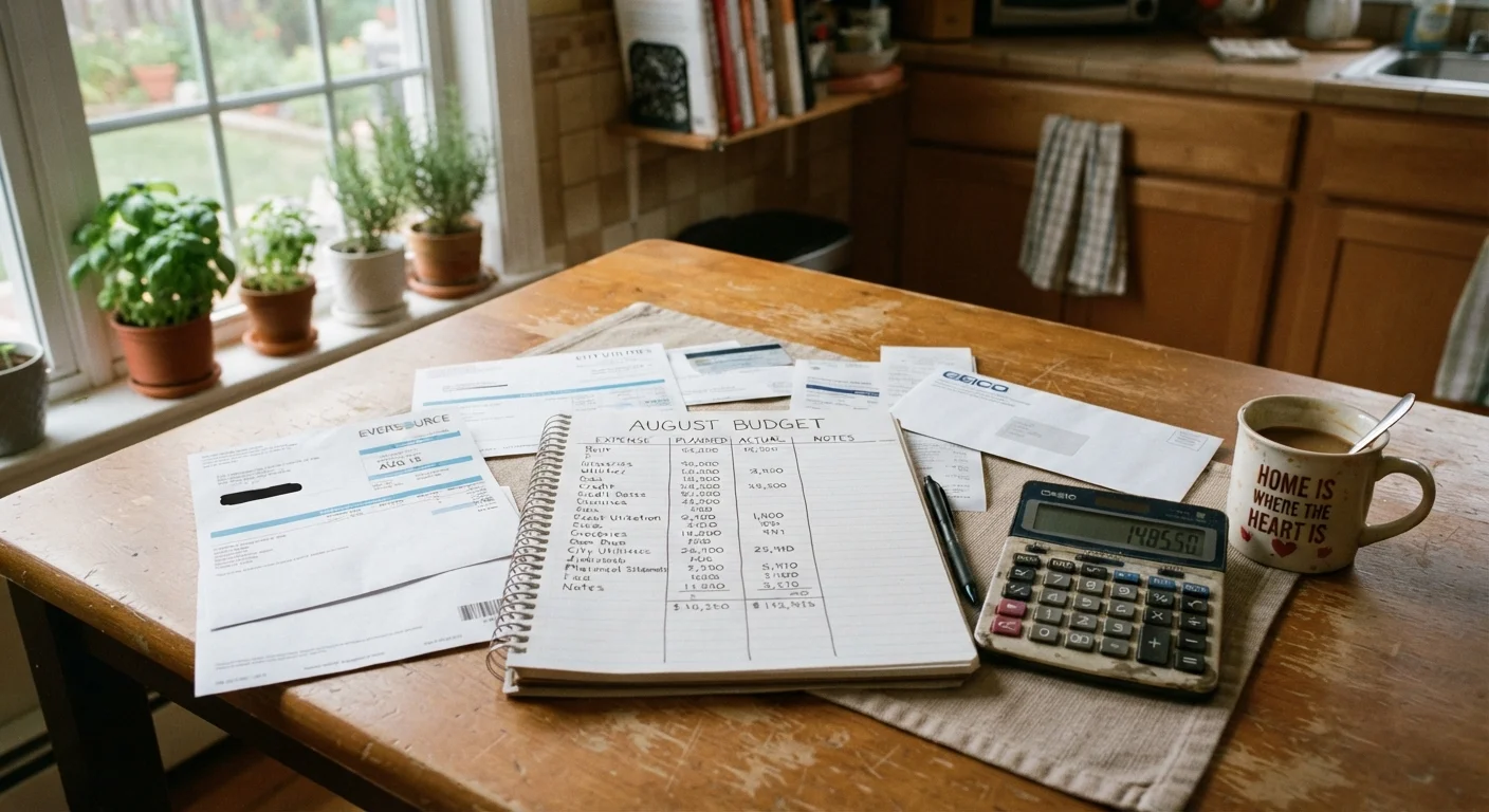 A family budget notebook open on a kitchen table surrounded by household bills and a calculator