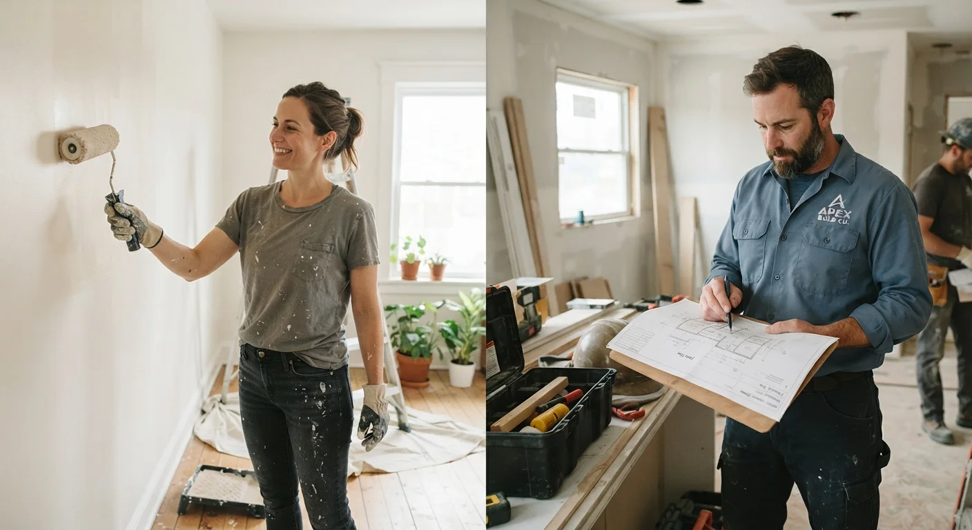 Homeowner with paint roller on left, professional contractor reviewing plans on right, split image