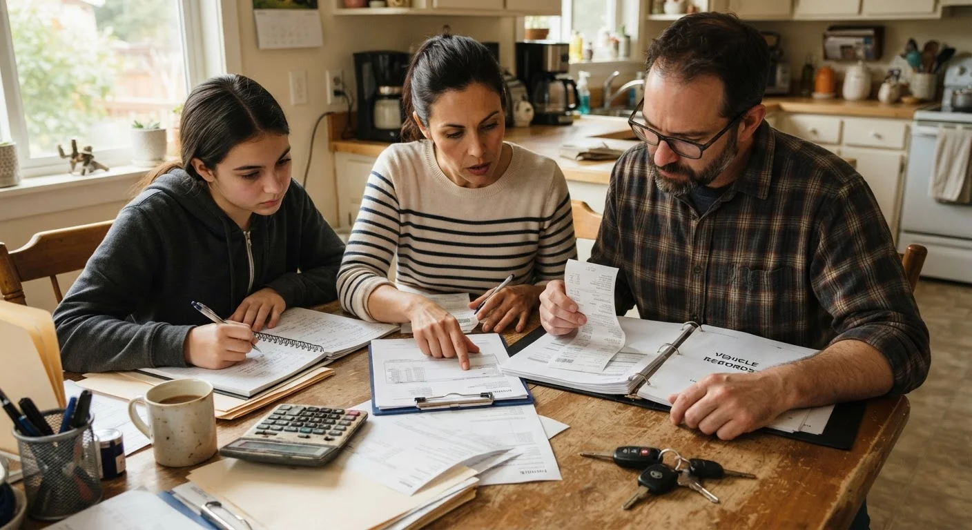 A family sitting at a kitchen table reviewing car ownership costs and paperwork