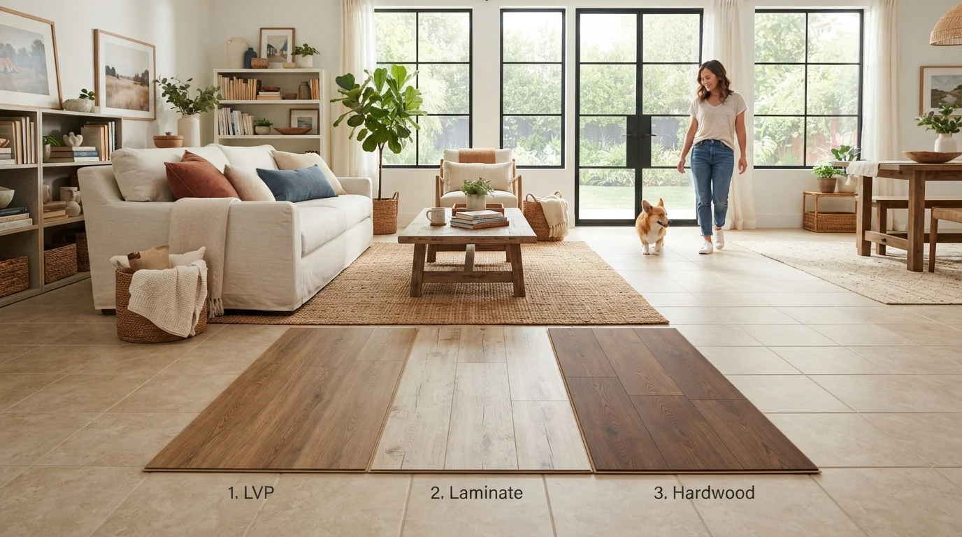 Three flooring material samples side by side in a well-lit family living room setting