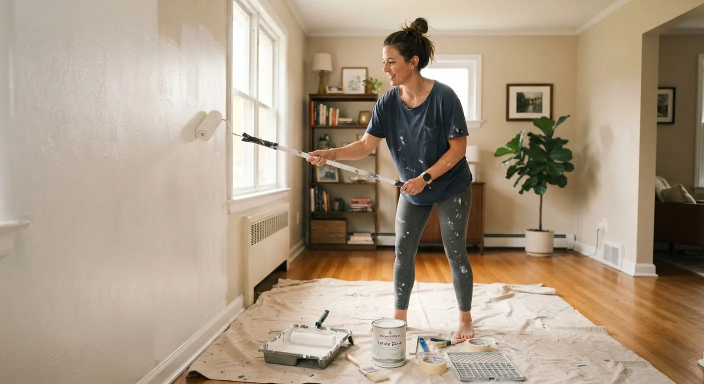 A homeowner painting an interior wall with a roller in a bright, tidy room