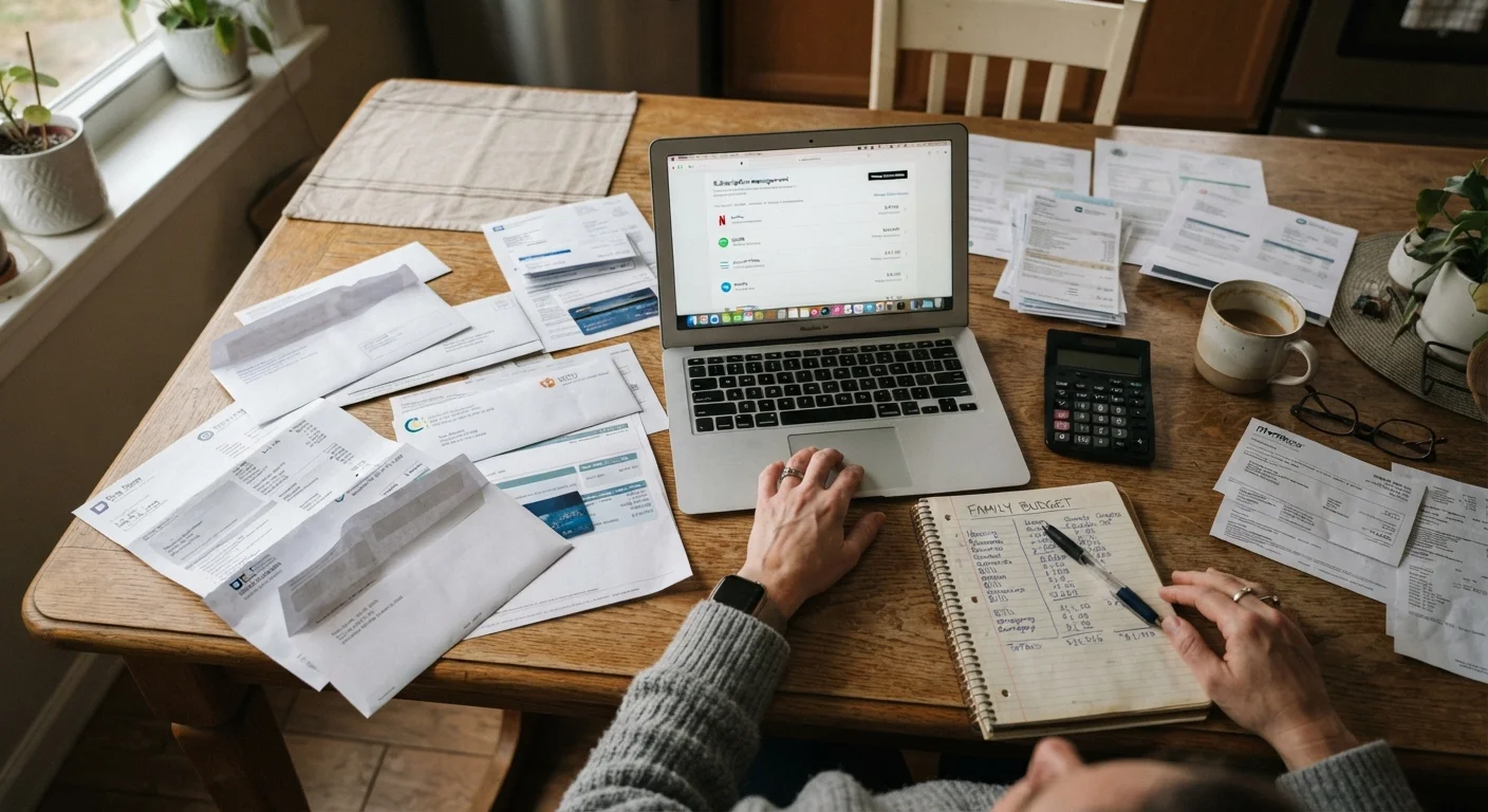 Kitchen table with bills, laptop showing subscriptions, and a family budget notebook