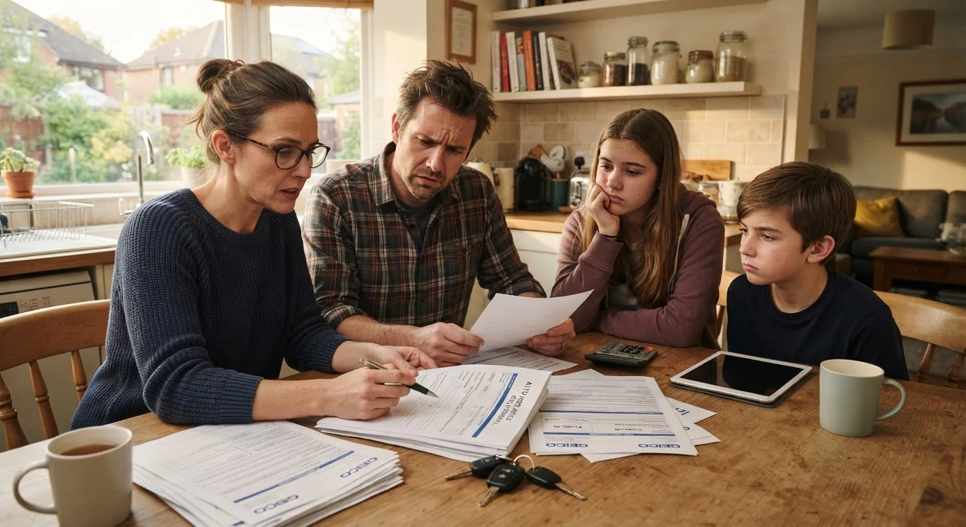 A family sitting at a kitchen table reviewing car insurance documents next to car keys