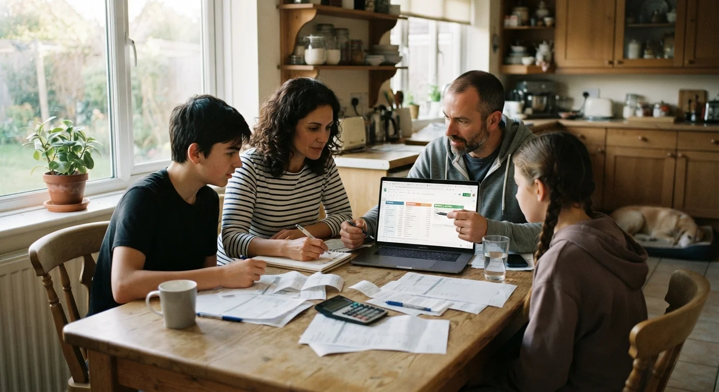 A family reviewing their household budget together at the kitchen table with a laptop and papers